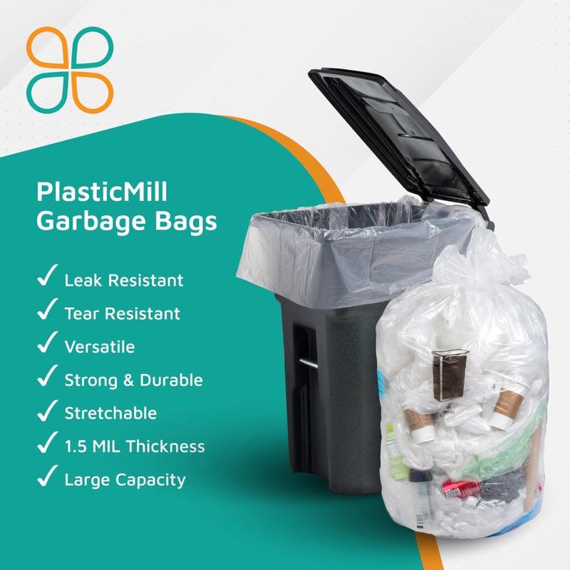 PlasticMill Heavy Duty Clear Garbage Bags for Large Rolling Bins - 95-Gallon, 1.5 Mil, 61"x68" (10-Count) - Image 5